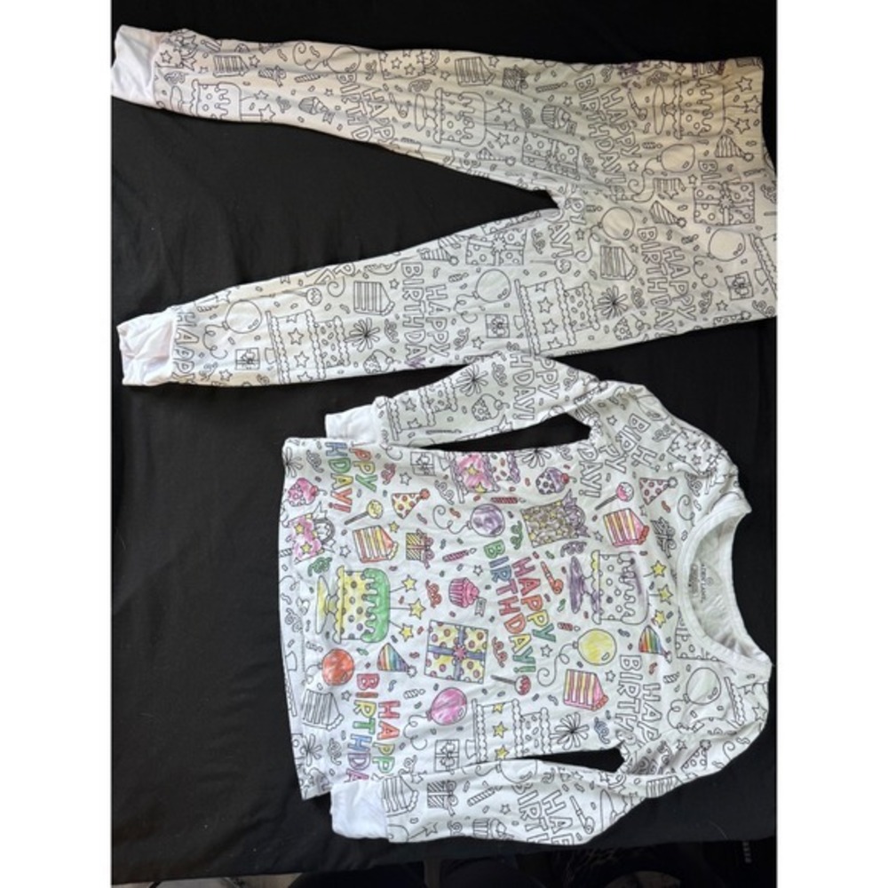 Caden Lane Kids Happy Birthday‎ Bamboo Pajama Set 4T Color Your Own White 2pc